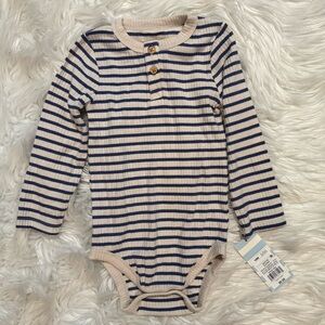 Cat & Jack Baby Boy Striped Henley Bodysuit Blue Tan 18M Long Sleeve NWT